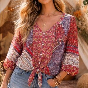 Anthropologie Fig & Flower Patchwork Tie Front Sheer Floral Festival Boho Top LG